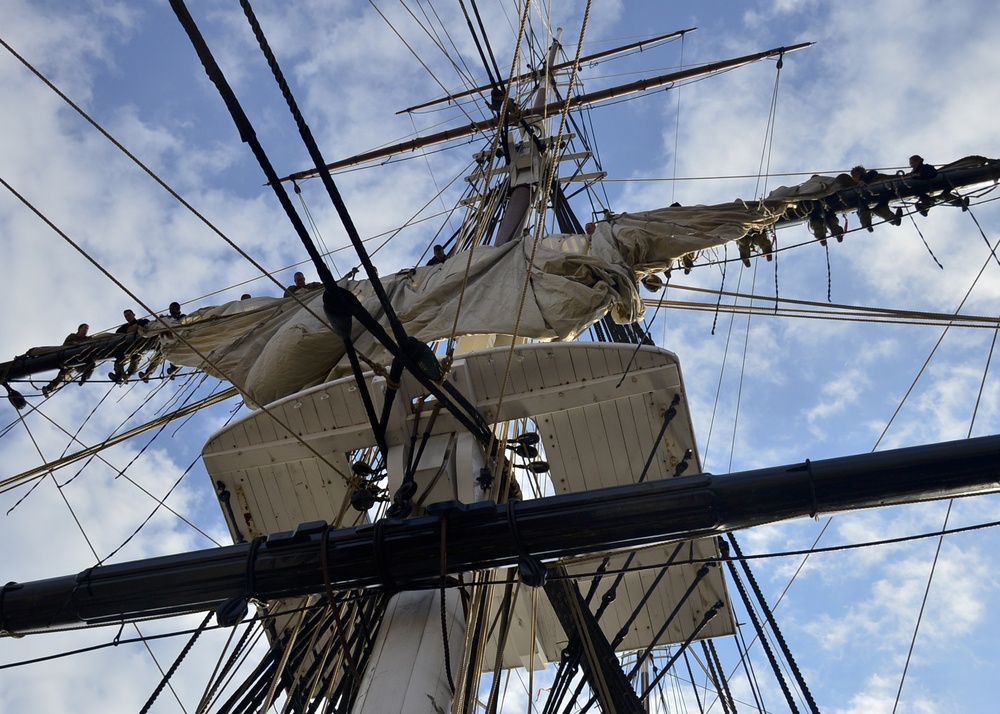 Constitution Sailors Furl 'Old Ironsides' Main Topsail