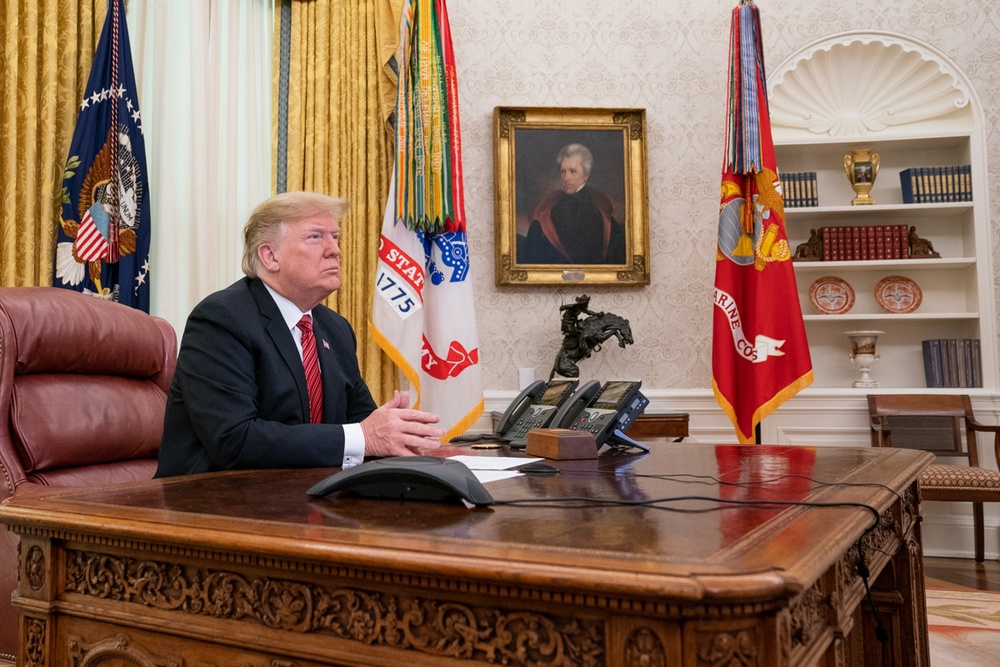 President Donald J. Trump participates in a Christmas Day video teleconference from the Oval Office