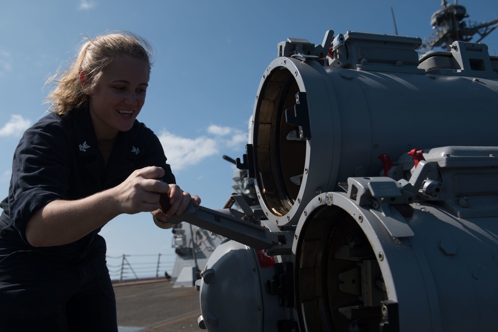 USS Chung-Hoon Sailors test surface vessel torpedo tubes