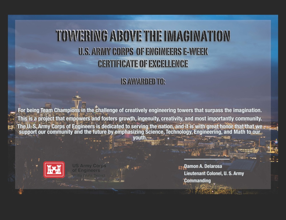 Young Innovators Tower Above the Imagination First Place Certificate