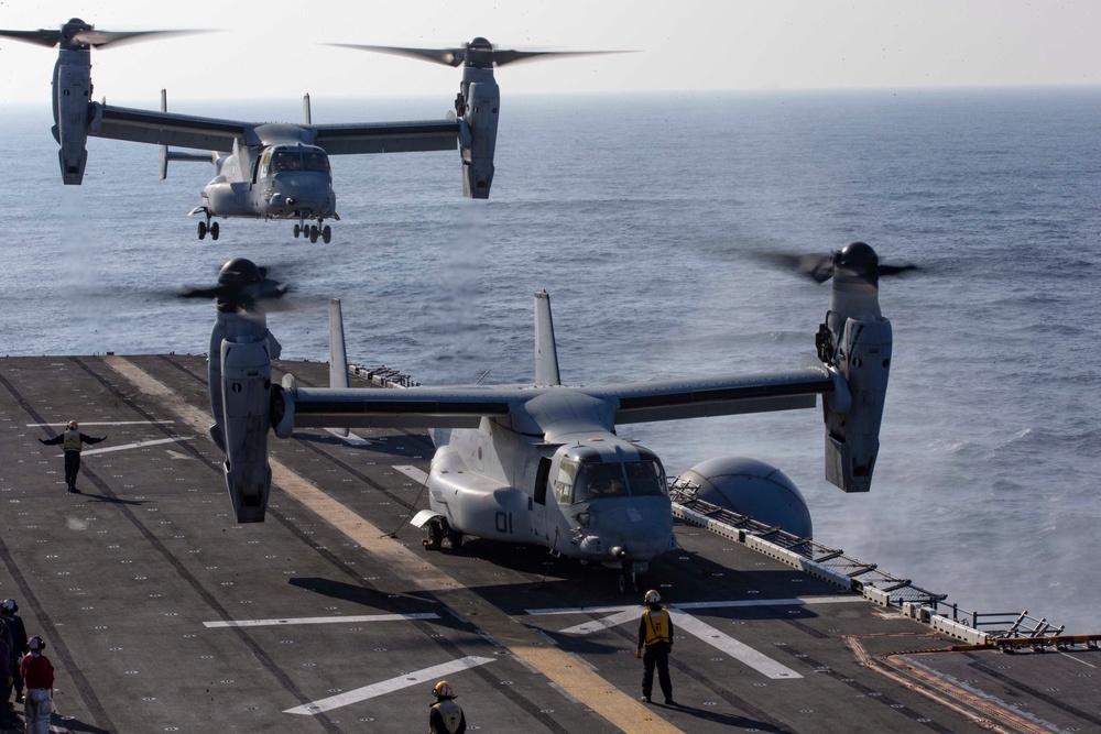 MV-22B Ospreys land on the USS Kearsarge