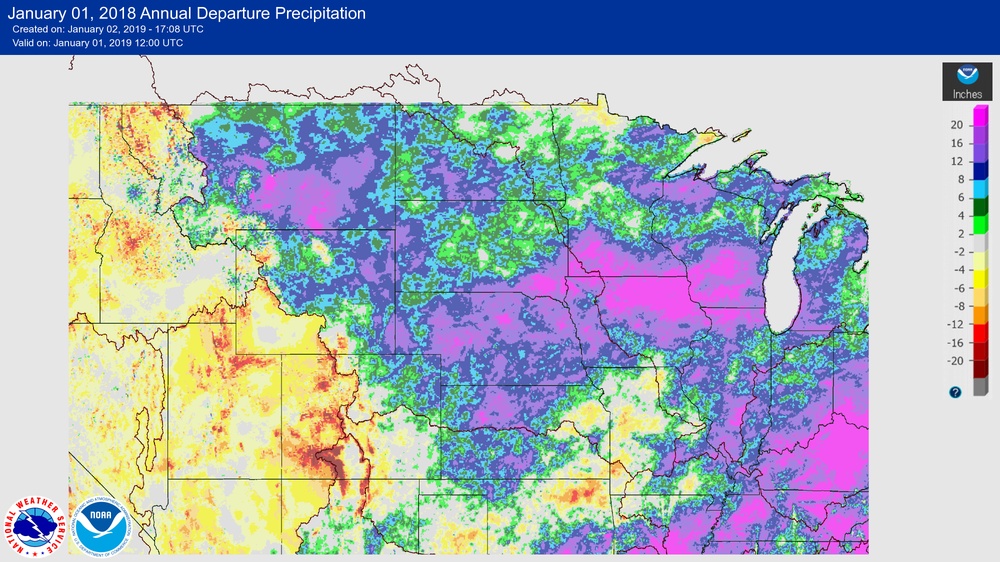 Several Missouri Basin locations saw precipitation 8 to 20 inches above normal