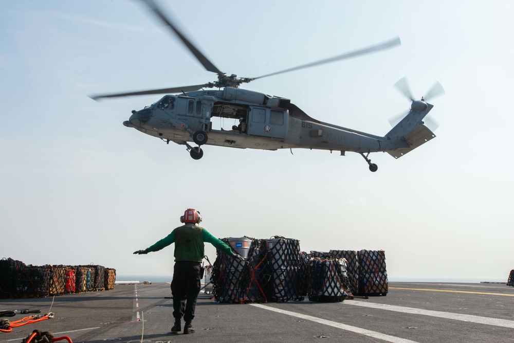 The aircraft carrier USS John C. Stennis (CVN 74) conducts replenishment-at-sea