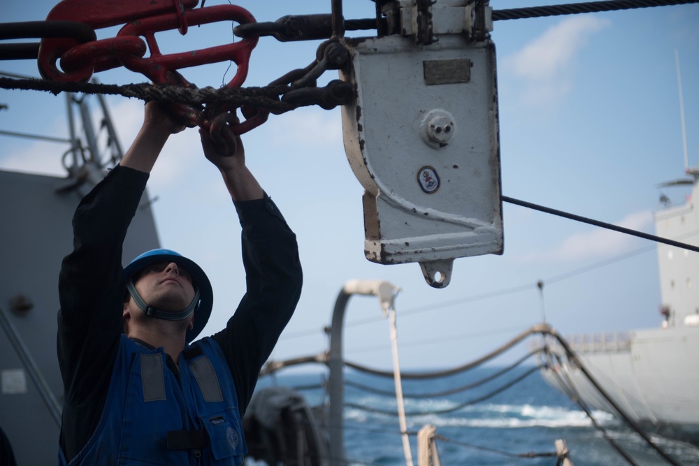 U.S. Navy Seaman Matthew Plucinski, from Roseville, Michigan, attaches a pelican hook to a sliding padeye aboard USS Chung-Hoon