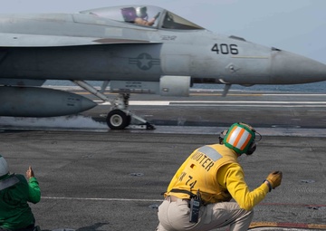 The aircraft carrier USS John C. Stennis conducts flight operations