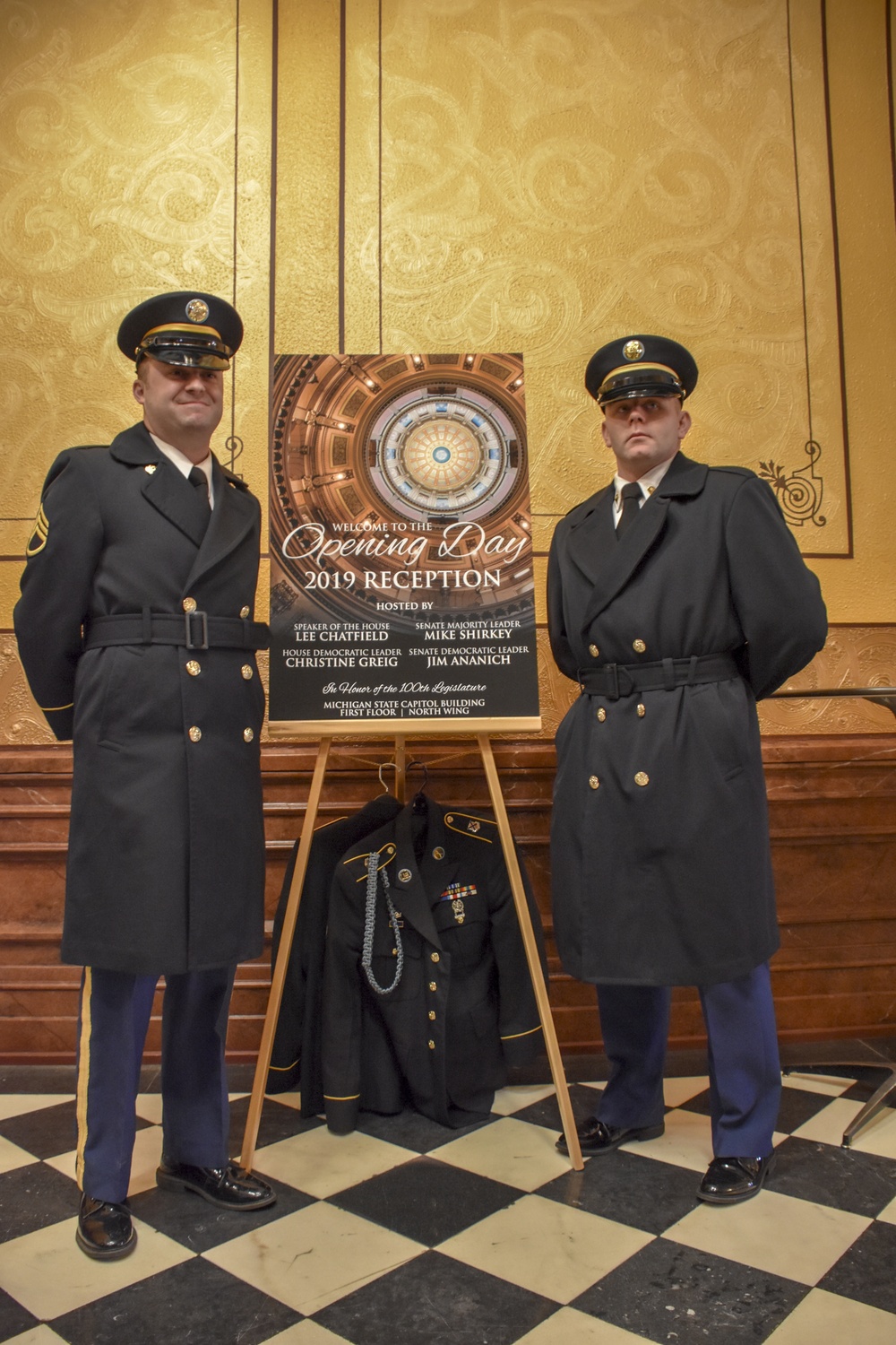 Staff Sgt. Phillip Slocum and Spc. Brandon Cohoon at the 100th legislature swearing-in of senate members