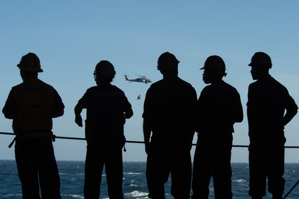 U.S. Sailors prepare for a replenishment-at-sea