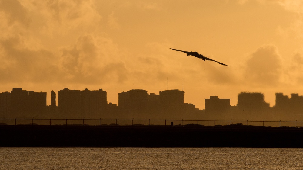 B-2 Spirit bomber takes off on its first sortie from Joint Base Pearl Harbor-Hickam