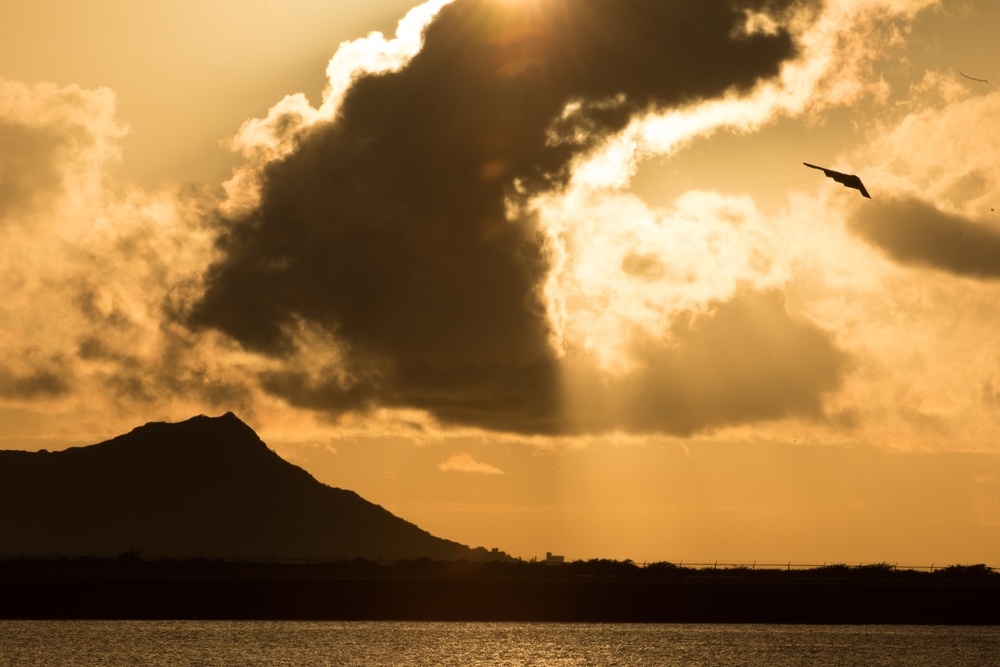 A B-2 Spirit bomber deployed from takes off on its first sortie from Joint Base Pearl Harbor-Hickam
