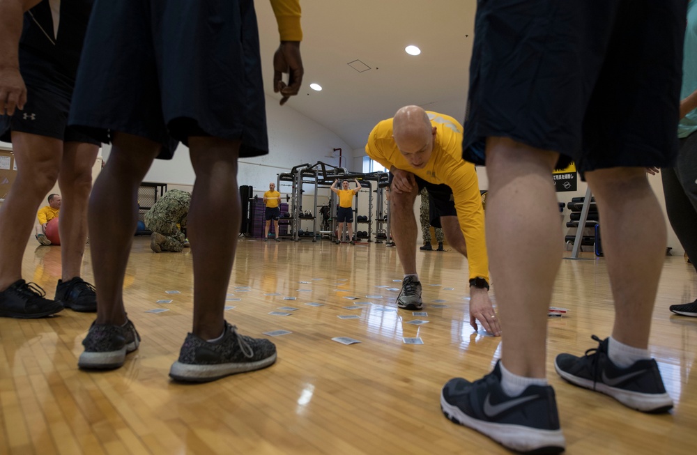 Sailors participates in the Sailor of the Year fitness challenge at the Hawk’s Nest fitness center in Fleet Activites Yokosuka during 7th fleet Sailor of the Year competition.
