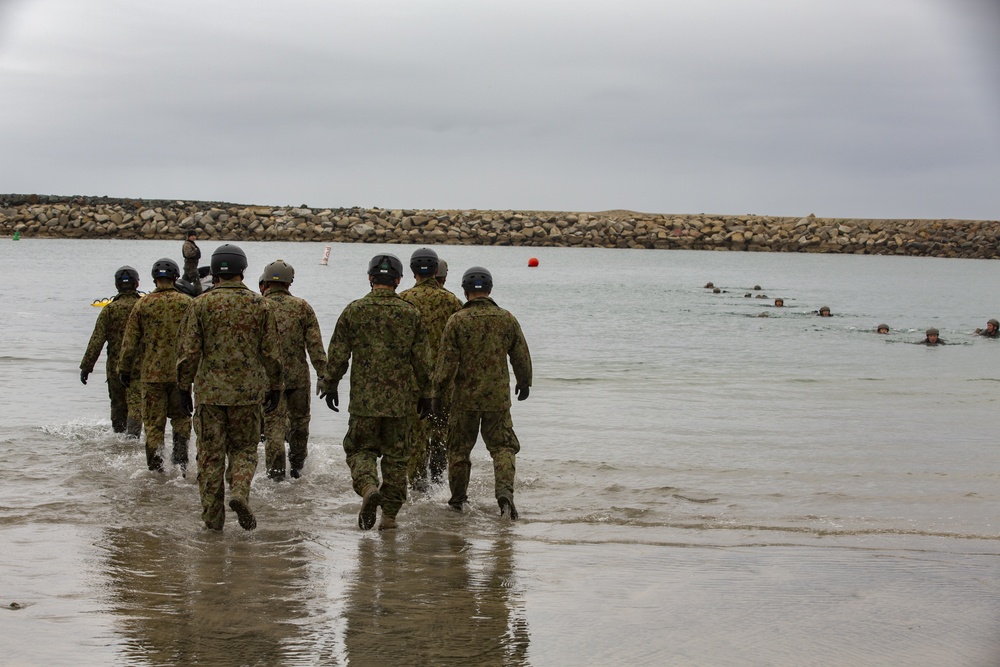 U.S. Marines and Japanese Ground Self-Defense Force Soldiers perform a swim qualification during Iron Fist
