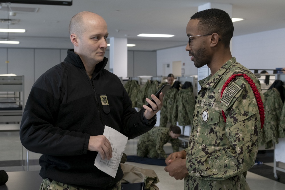 Mass Communication Specialist interviews a Recruit Division Commander