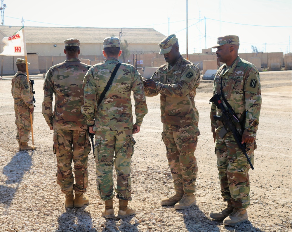 Task Force Cavalier is awarded the 329th Regional Support Group Shoulder Sleeve Insignia-Former Wartime Service, during Patch Ceremony