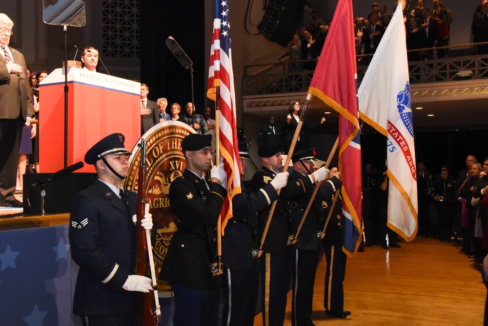 Joint color guard presents the colors at inauguration