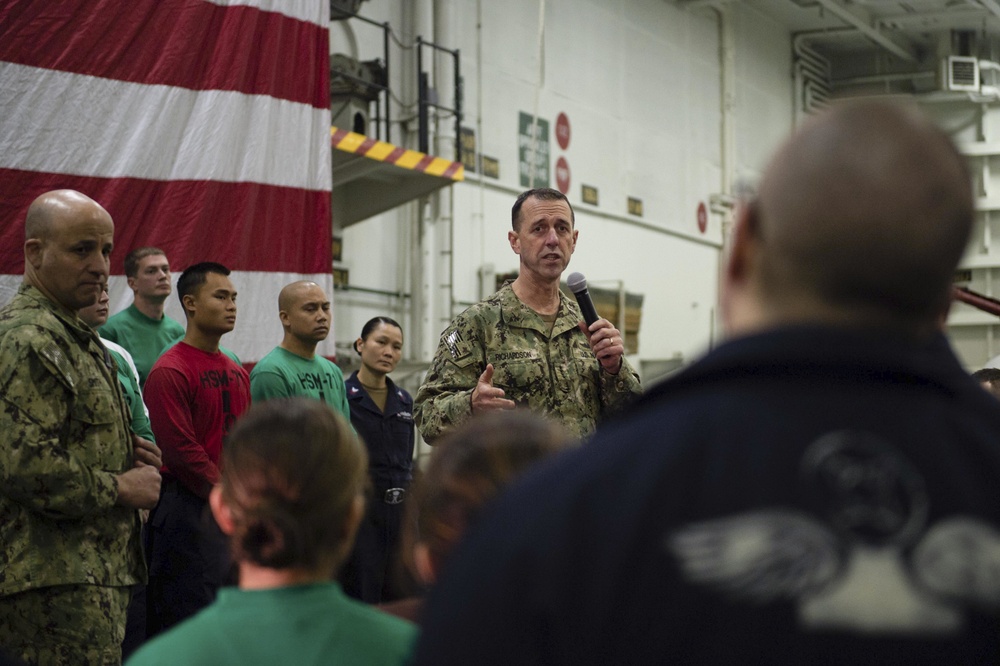 Chief of Naval Operations (CNO) and Master Chief Petty Officer of the Navy (MCPON) visit the aircraft carrier USS John C. Stennis (CVN 74)