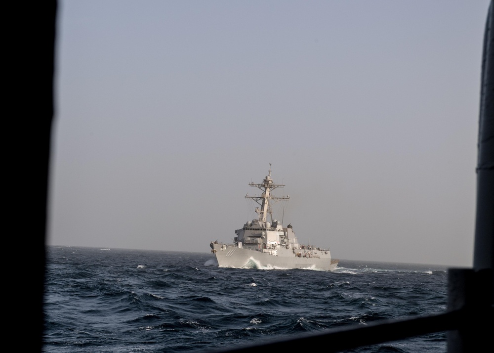 The guided-missile cruiser USS Spruance (DDG 111) transits the Arabian Gulf, Jan. 18, 2019