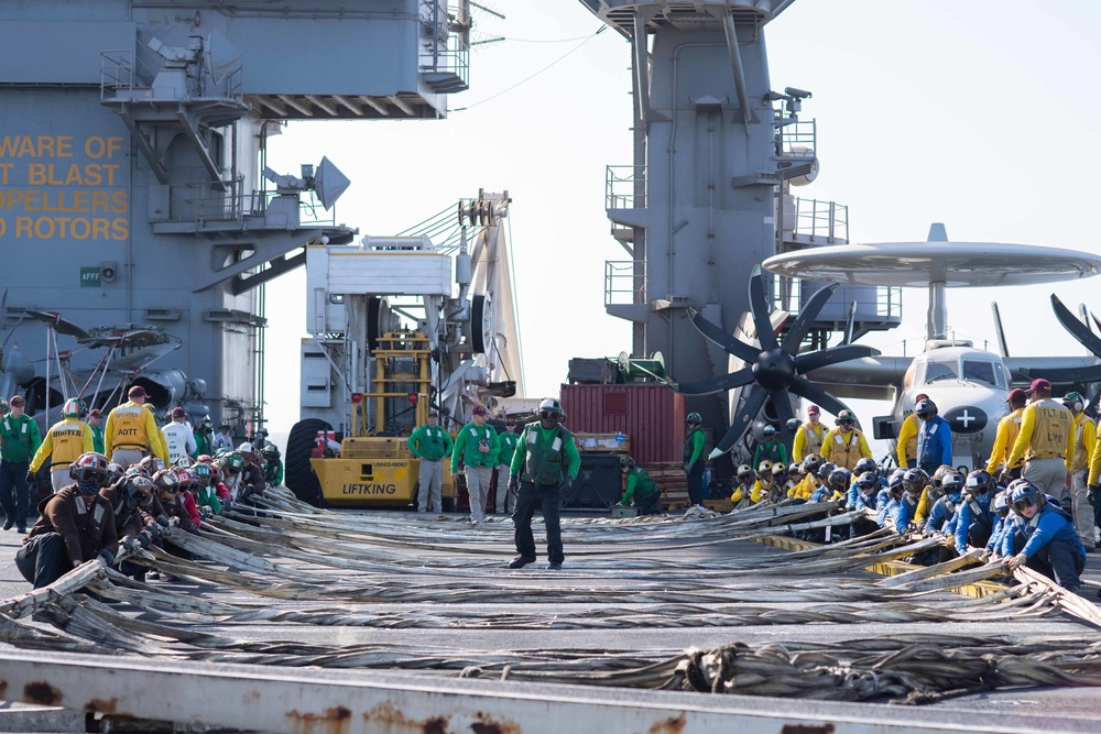 The aircraft carrier USS John. C. Stennis (CVN 74) conducts flight deck drills