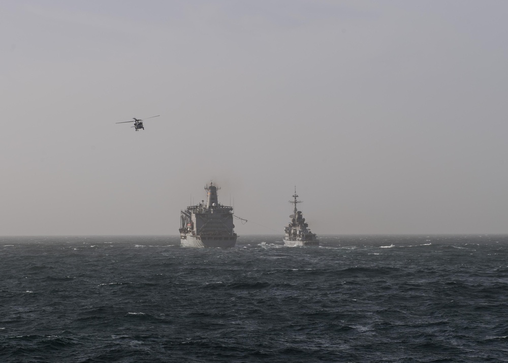 An MH-60S Sea Hawk, assigned to Helicopter Sea Combat Squadron (HSC) 14, prepares to land on USNS Guadalupe