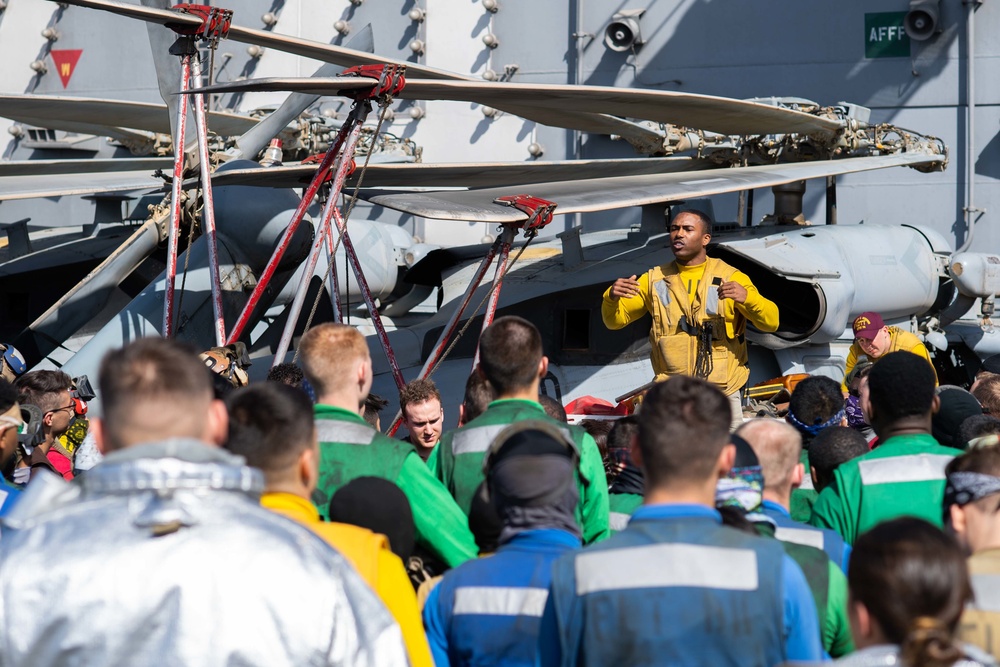 The aircraft carrier USS John. C. Stennis (CVN 74) conducts flight deck drills