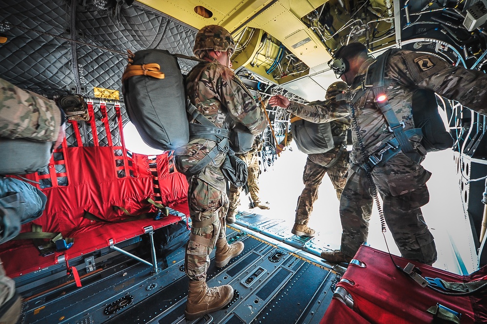 Paratroopers exit from CH-47 Chinook helicopter