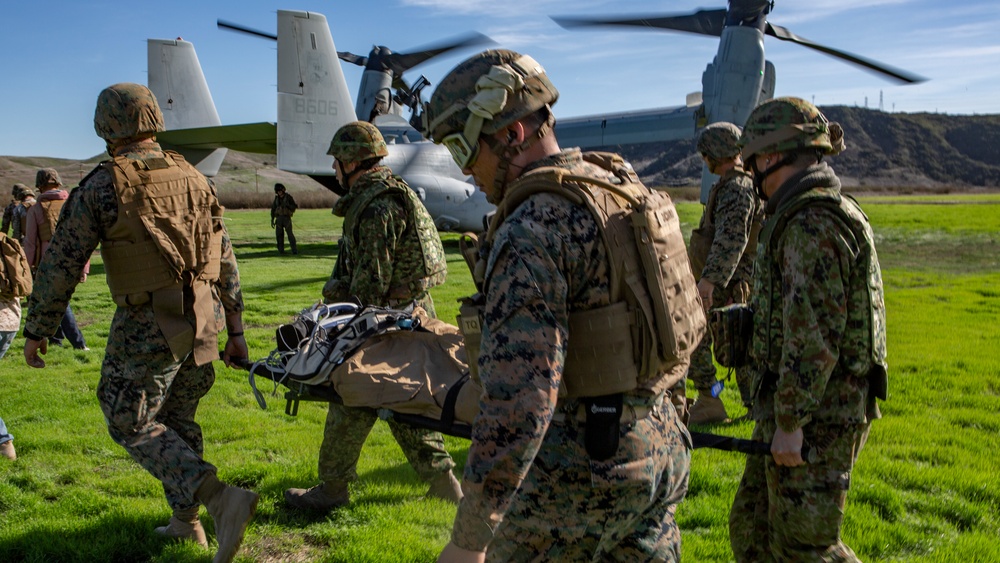 U.S. Marines and Sailors and Japan Ground Self-Defense Force Soldiers practice realistic combat medical training during Iron Fist.
