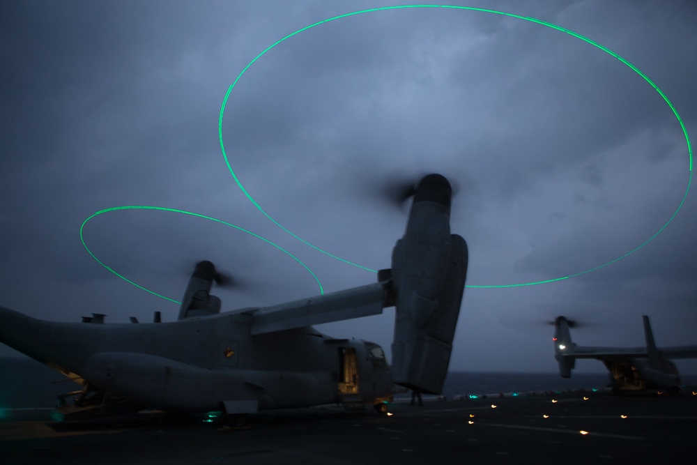 MV-22B and F-35B night flight operations at sea