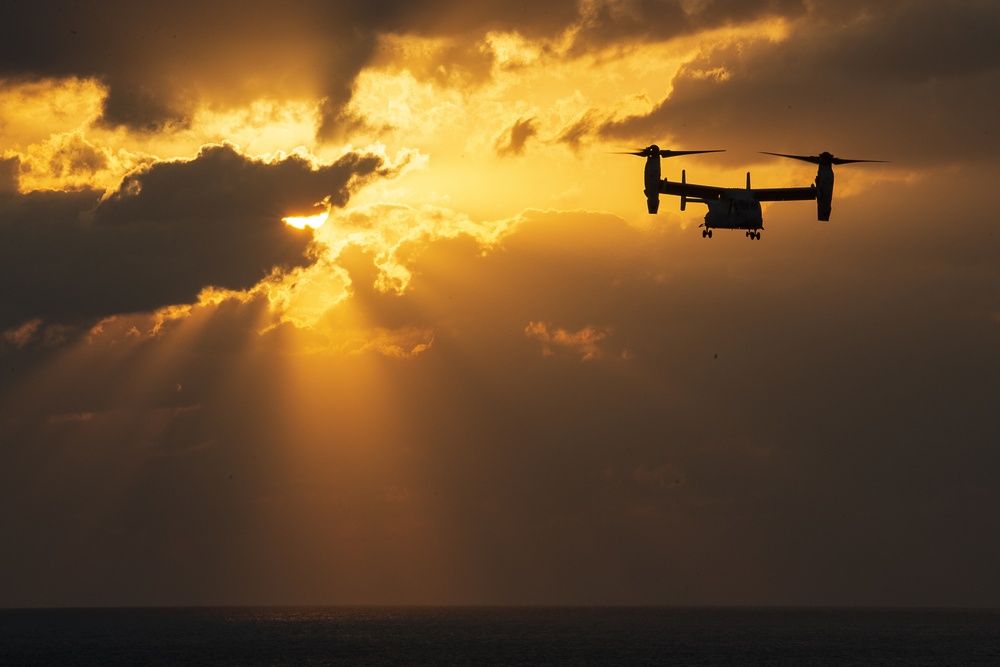 VMM-262 naval aviators complete flight operations at sunset aboard Wasp