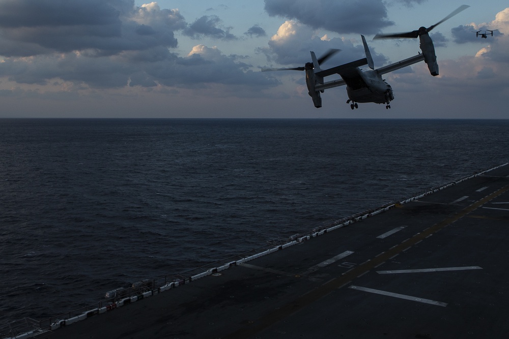 VMM-262 naval aviators complete flight operations at sunset aboard Wasp