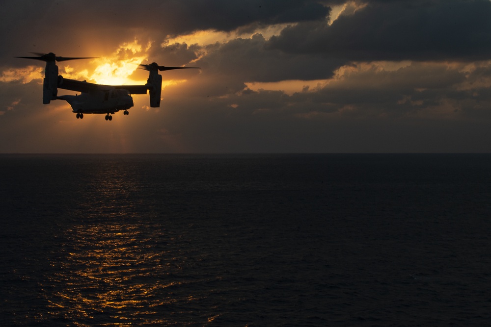 VMM-262 naval aviators complete flight operations at sunset aboard Wasp