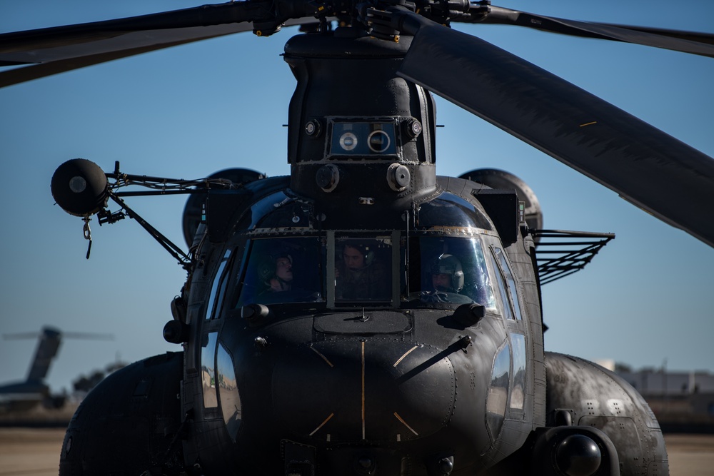 Army MH-47 Chinook launches from Naval Air Station North Island