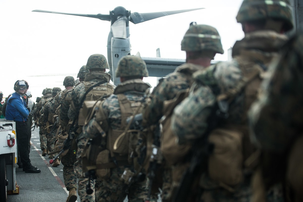’China Marines’ of BLT 1/4, 31st MEU, strap in for a simulated raid in the East China Sea