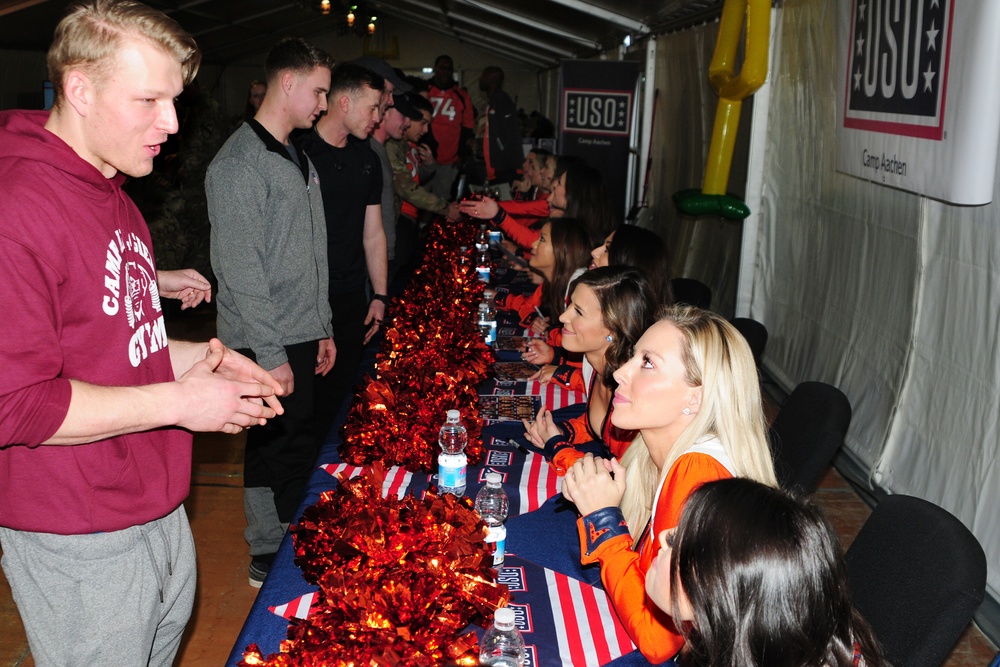 Ironhorse meet Broncos; USO Hosts Denver Broncos and 1st Cav Soldiers at Camp Aachen Germany