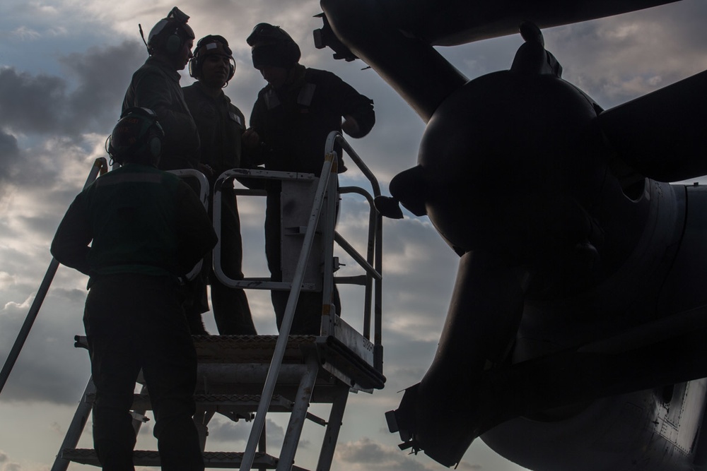 Marines with VMM-262 (REIN) conduct maintenance on MV-22B Ospreys