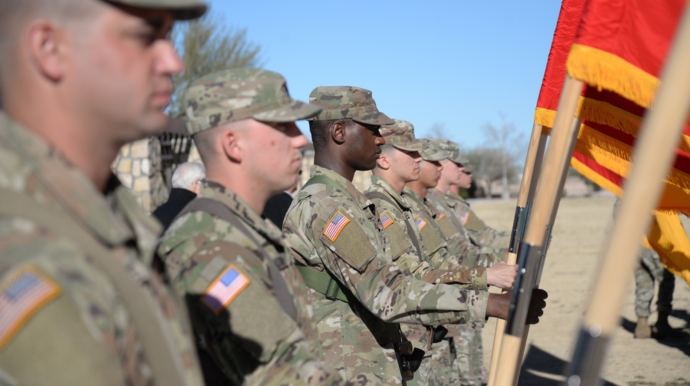 The color guard stand ready for the start of the retreat ceremony Thursday, January 24, 2019, at 1st Armored Division Headquarters. The ceremony marked the departure of BG James Gallivan, deputy commanding general of manuever, 1st Armored Division and For