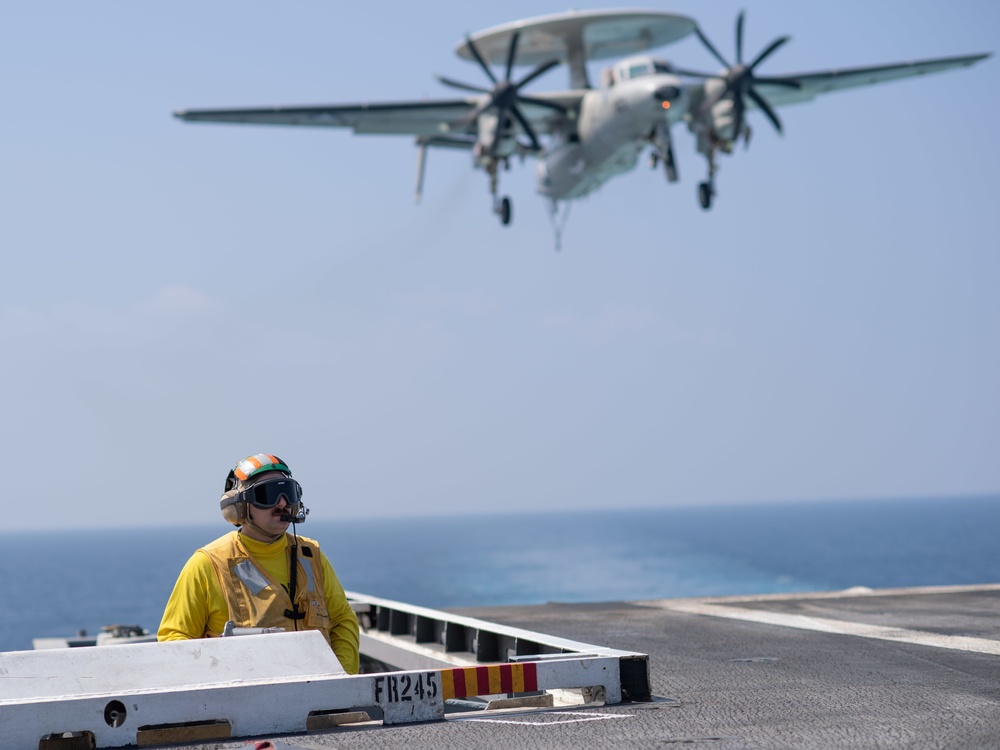 The aircraft carrier U.S. John C. Stennis (CVN 74) conducts flight operations