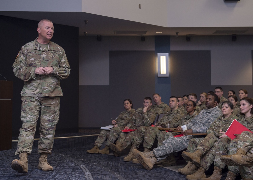 Command Sgt. Maj. Jeremiah Fassler Speaks During The U.S. Army Reserve Legal Command (USARLC) Western Region On-Site Legal Training