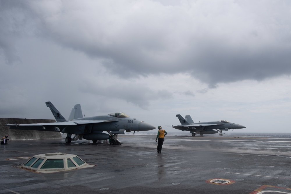 The aircraft carrier USS John C. Stennis (CVN 74) conducts flight operations