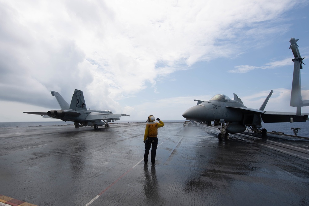 The aircraft carrier USS John C. Stennis (CVN 74) conducts flight operations