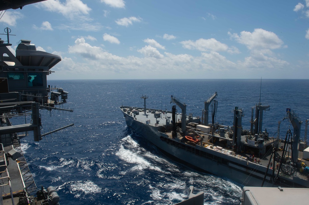 The aircraft carrier USS John C. Stennis (CVN 74) and the fleet replenishment oiler USNS Guadalupe (T-AO 200) conduct a replenishment-at-sea