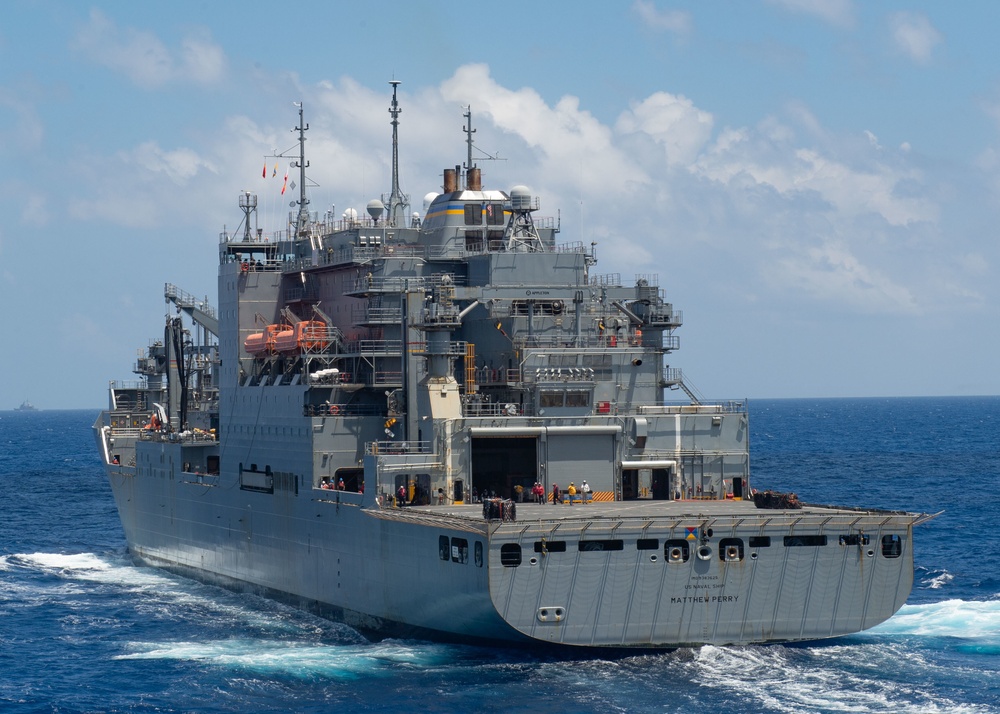 The dry cargo and ammunition ship USNS Matthew Perry (T-AKE 9) steams through the Indian Ocean, after a replenishment-at-sea with the aircraft carrier USS John C. Stennis (CVN 74)