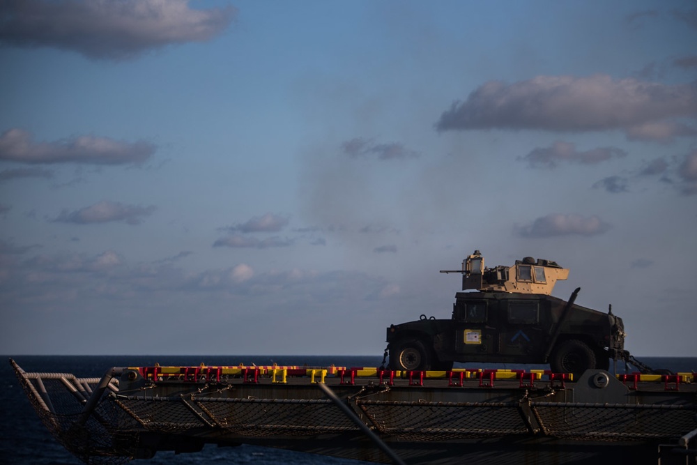 Weapons Company Marines defend the amphibious task force during gunnery exercise aboard Wasp