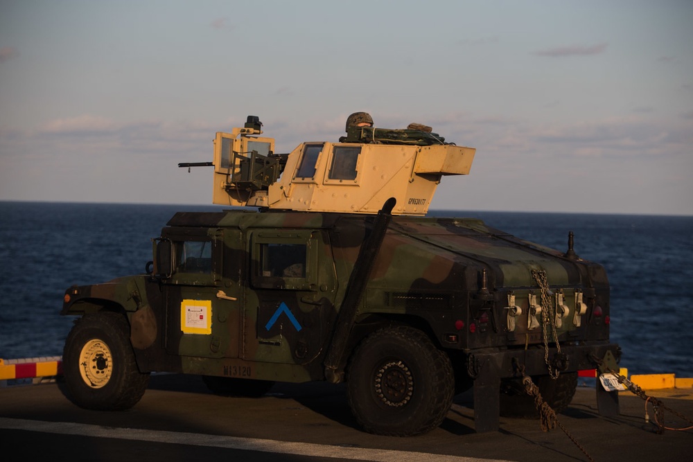 Weapons Company Marines defend the amphibious task force during gunnery exercise aboard Wasp