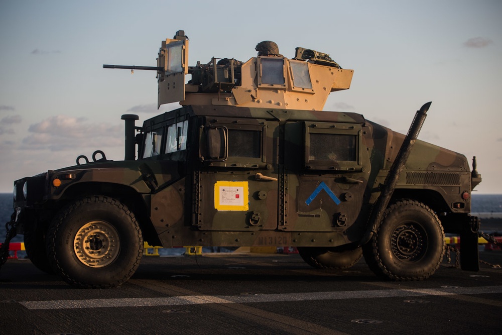 Weapons Company Marines defend the amphibious task force during gunnery exercise aboard Wasp