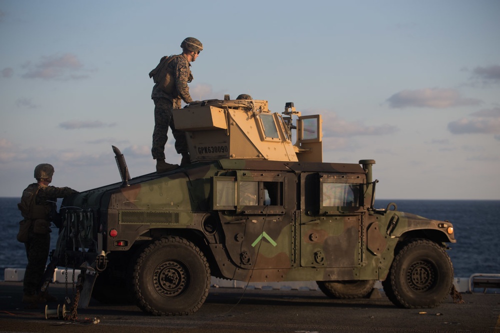 Weapons Company Marines defend the amphibious task force during gunnery exercise aboard Wasp