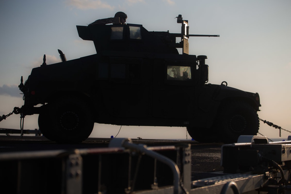 Weapons Company Marines defend the amphibious task force during gunnery exercise aboard Wasp