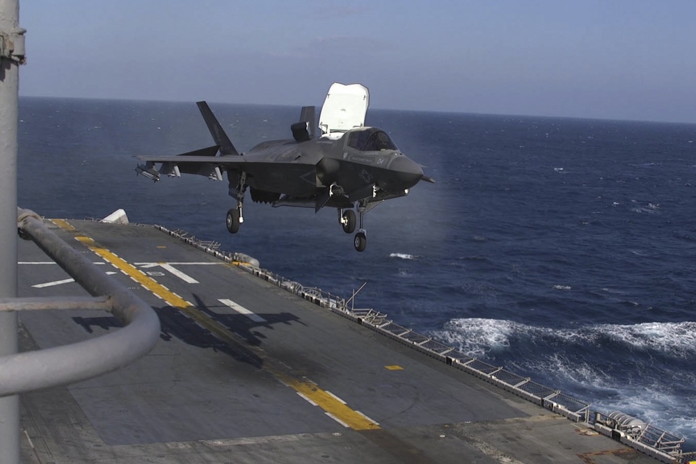 F-35B’s conduct flight operations at sea with external pylons