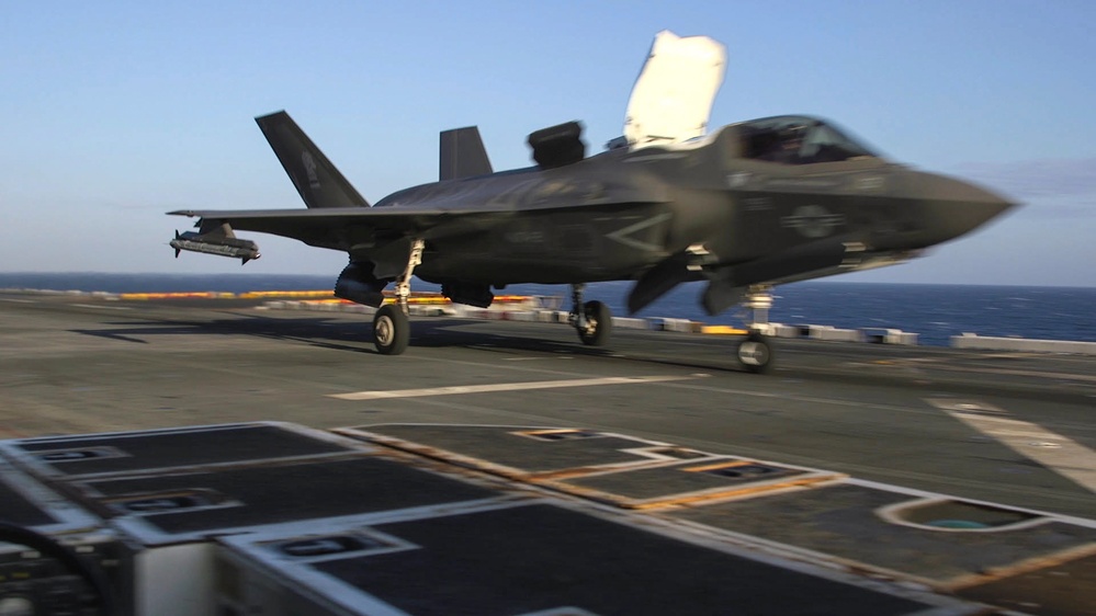 F-35B’s conduct flight operations at sea with external pylons