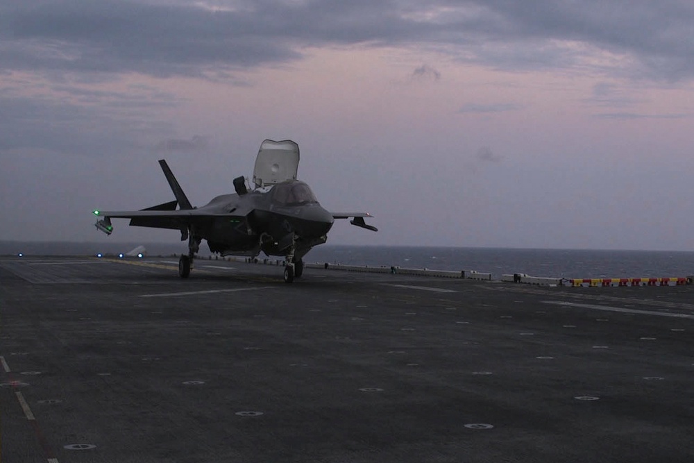 F-35B’s conduct flight operations at sea with external pylons