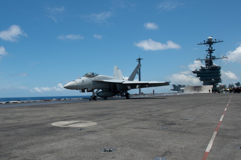 The aircraft carrier USS John C. Stennis (CVN 74) conducts flight operations