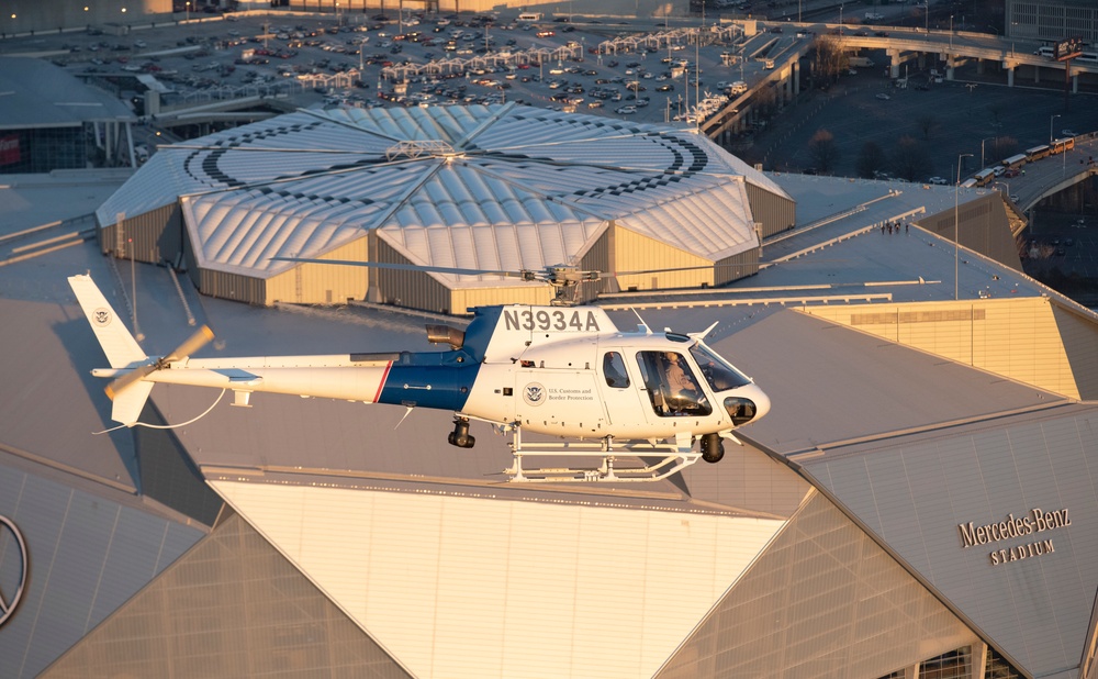 CBP AS350 A-Star conducts flyover of Mercedes-Benz Stadium prior to Super Bowl LIII